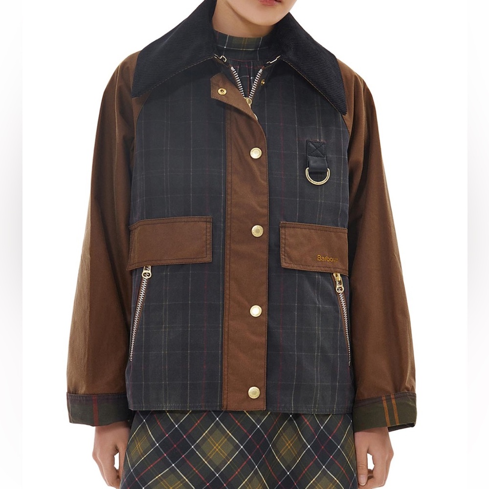 Barbour Premium Catton Waxed Jacket Coat Plaid Brown Tan Green US 4 UK 8